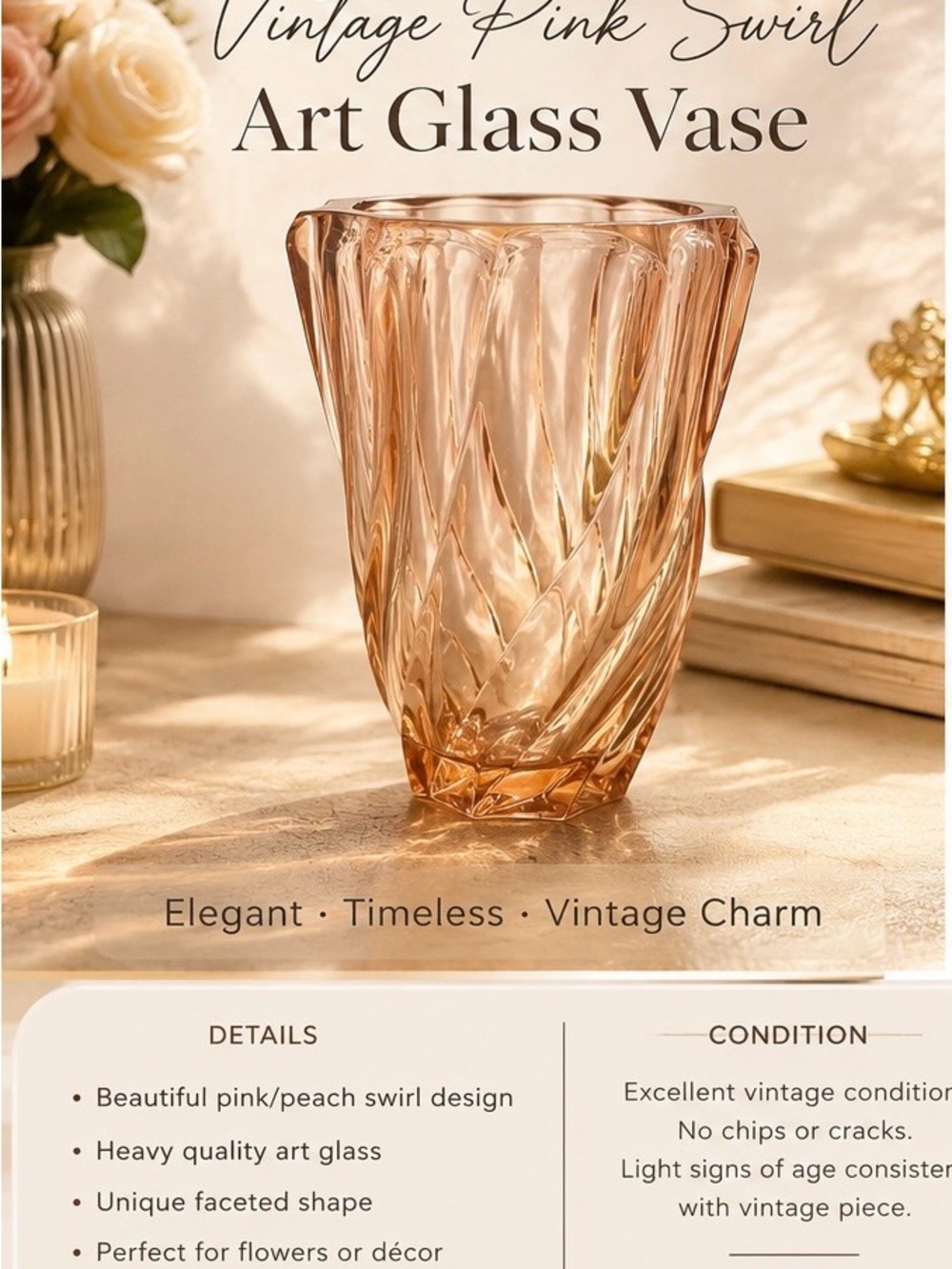 Vintage Pink Swirl Art Glass Vase - Brand: